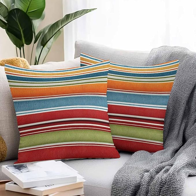 Yukro Color Striped Outdoor Waterproof Pillow Covers Pack of 2, Orange Blue Red Green Stripes Abstract Modern Throw Pillowcases Decorative Cushion Covers for Garden Patio Tent Sofa Couch, 20x20 inch