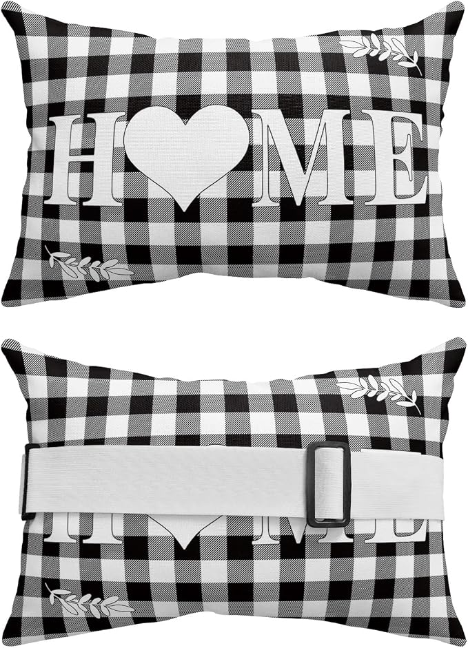 Indoor|Outdoor Waterproof Pillow Case Set of 2 - Windproof Pillow Covers with Adjustable Elastic Band Home Love Black White Checkered Plaids Pillowcase for Couch Cushion Patio Furniture 11"x16"