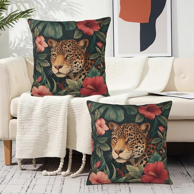 Tropical Leopard Floral Pillow Covers Hawaiian Monstera Leaves Hibiscus Flower Throw Pillow Covers 20x20 Set of 2 Summer Jungle Cheetah Pillow Cases for Sofa Couch Home Decor