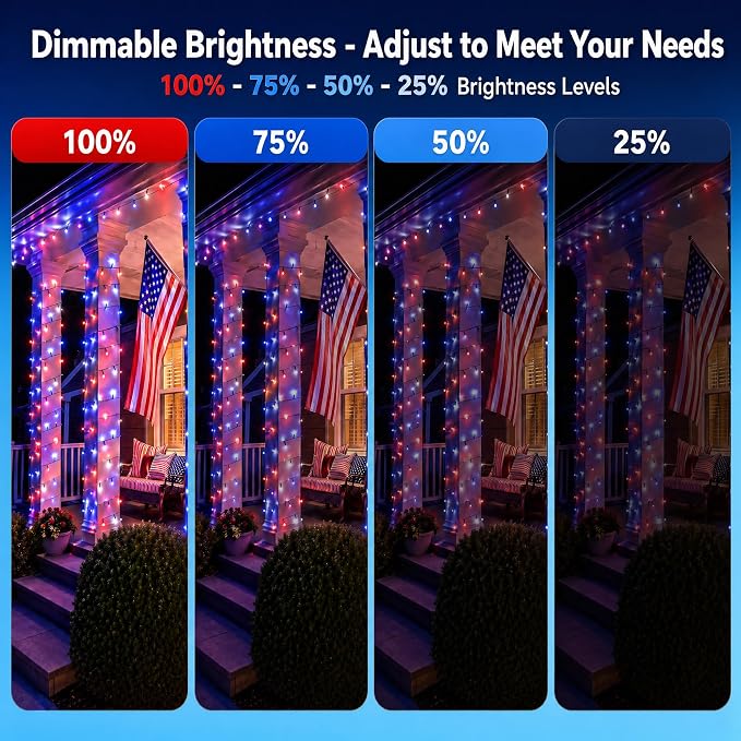 100LED Red White and Blue Lights for 4th of July Decoration, 33Ft Battery String Lights Indoor Outdoor Waterproof, 8 Modes Lights for Independence Day American Flag Holiday