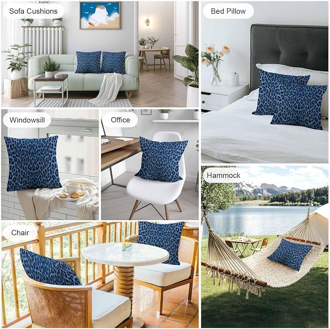 Vandarllin Outdoor Throw Pillows Covers 18x18 inch Set of 2 Waterproof Blue Leopard Print Decorative Zippered Cushion Covers for Patio Furniture, Retro Animal Fur Pattern Lumbar Pillowcases