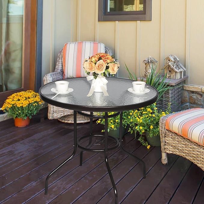 Cloud Mountain 32" Outdoor Dining Table Patio Tempered Glass Table Patio Bistro Table Top Umbrella Stand Round Table Deck Garden Home Furniture Table, Dark Chocolate