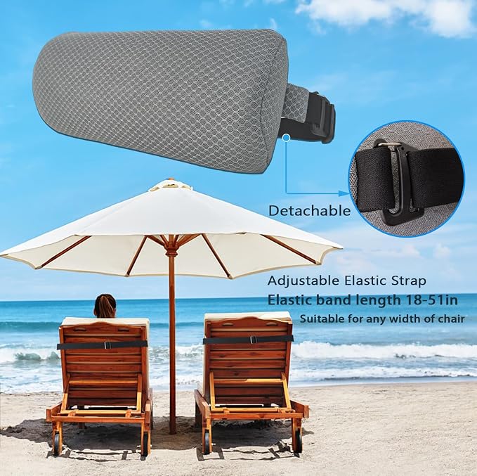 1 Pack Headrest Pillow for Patio Chaise Lounge,Recliner,Beach Chair,Gray | Resilient 3D mesh pillow with removable washable cover, adjustable elastic strap, ergonomic support, lightweight portable