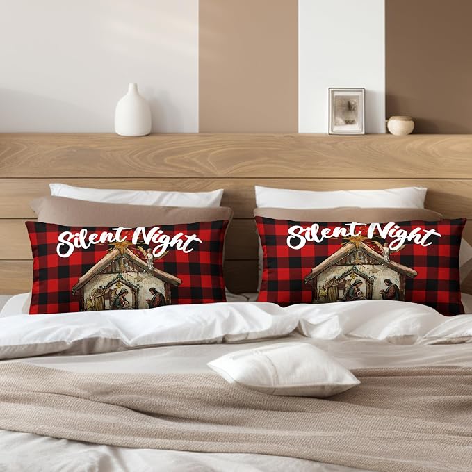 Jesus Nativity Lumbar Pillow Case 12x20 Set of 2 Red Buffalo Plaid Christmas Rectangle Pillow Covers Xmas O Holy Night Silent Night Waist Pillow Covers for Living Room Couch Bedroom
