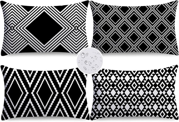 NIGHTWISH Outdoor Waterproof Pillow Covers 12x20 Set of 4 Black and White Modern Geometry Decorative Outdoor Throw Pillows Boho Cushion Cases for Patio Furniture Bench Couch Sunbrella