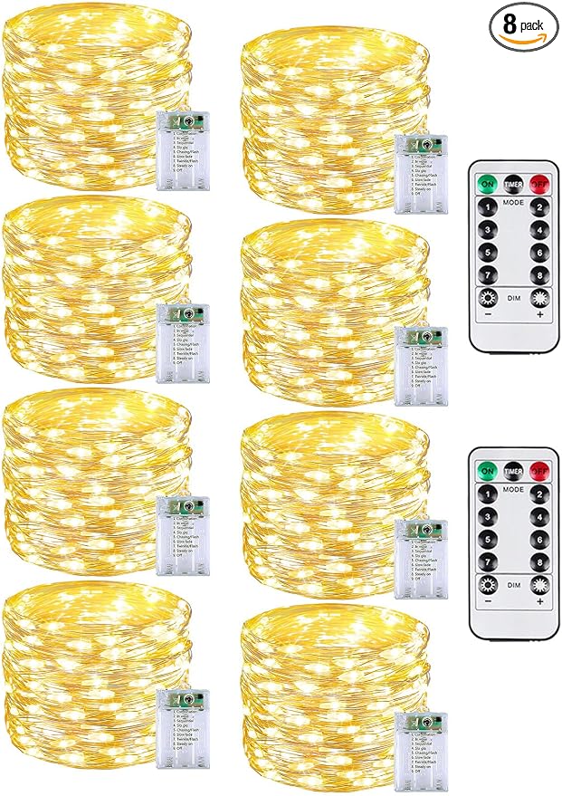 8 Pack 60 LED Fairy Lights Battery Operated with Remote, 20 FT Warm White | Cuttable, 8 Modes, Memory, Dimmable, Waterproof Battery String Lights with Timer for Indoor Outdoor, Christmas Decorations