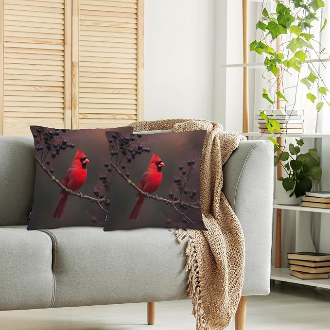 Swono 18"X18" Throw Pillow Covers Red Cardinal, Winter Cardinal Bird Berry Tree Boho Pillowcase Cushion Covers for Couch Bed, Square Decorative Pillow Cover Home Sofa Bedroom Car, 2 Pcs