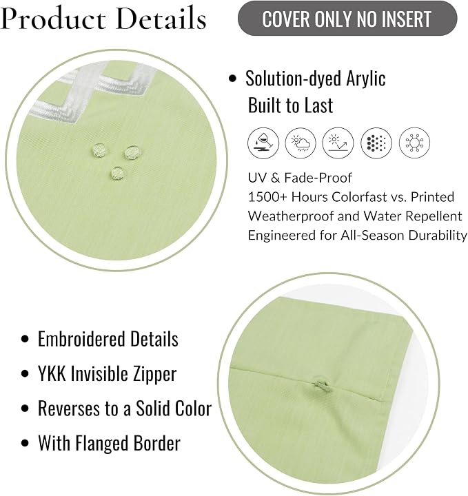 Hofdeco Premium Coastal Hampton Outdoor Performance Lumbar Pillow Cover Only, 12"x20" Water Repellent, UV and Fade Resistant for Backyard, Couch, Poolside, Grass Green Embroidered Frame Greek Key