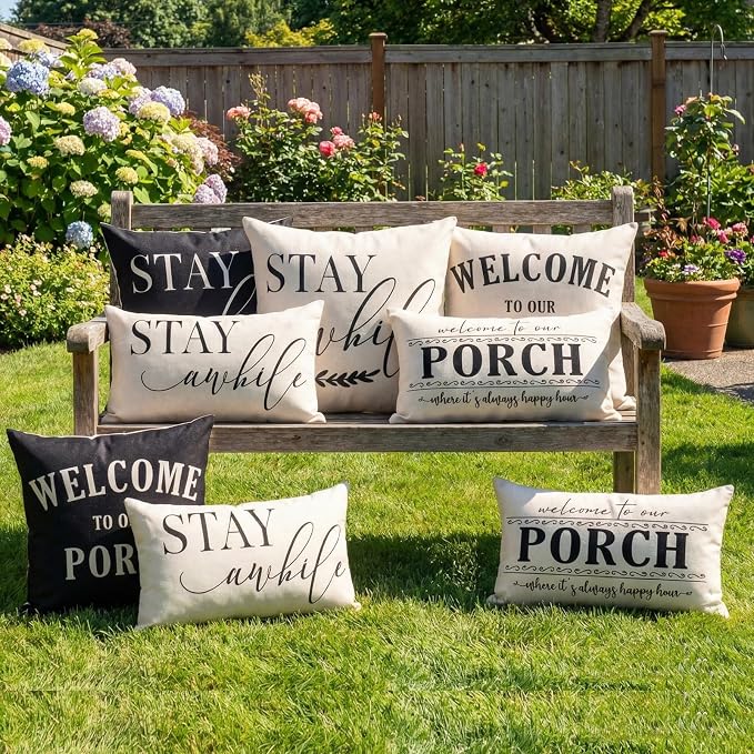 Porch Decor Black Outdoor Lumbar Pillow Covers Waterproof 12x20, Set of 2 | Front and Back Porch, Patio Furniture, Weather Resistant Outdoor Pillows, No Inserts, Welcome Sign for Front Porch