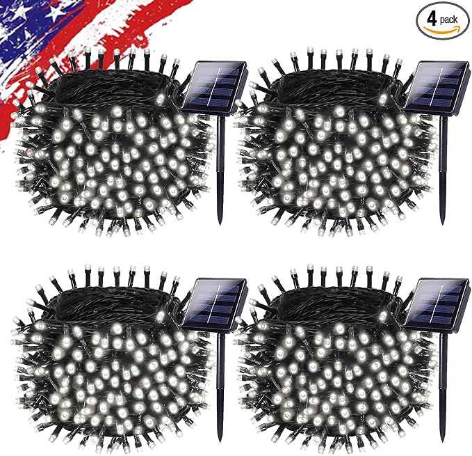 KAQ 4pack 400LED Solar String Lights Outdoor Waterproof Cool White | Total 132FT Flexible Wire With Bright LEDs, 8 Twinkle Modes with Memory, Auto On/Off Easily Decorates Trees, Fences, Garden