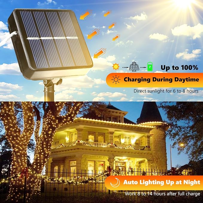 Joomer Solar Fairy Lights, 4Pack Total 104FT 320LED Lights, Warm White | Copper Wire, Solar String Light Waterproof 8 Lighting Modes for Patio Fence Party Garden Yard Home Outdoor Decoration