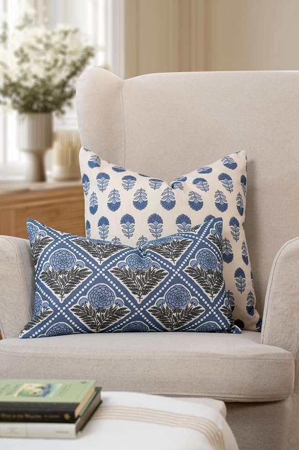 California Casual Coastal Indoor Outdoor Lumbar Pillow Cover, 12"x20" Water Repellent for Patio, Backyard, Couch, Azure Light Blue Block Print Vintage Hydrangea Flowers