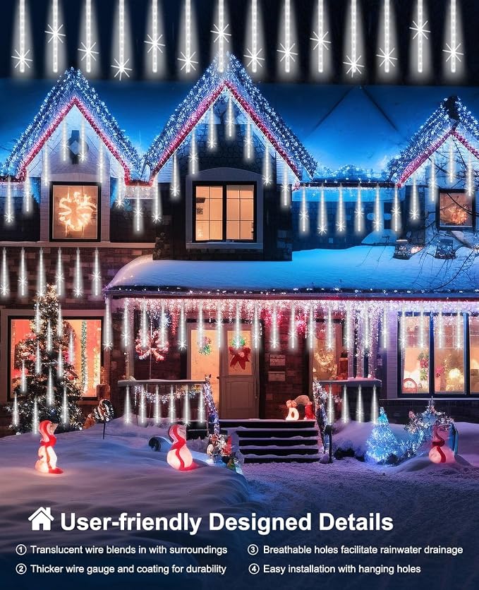 Christmas Rain Lights Outdoor 16 Inch 20 Tubes,Shine White | Waterproof Meteor Shower Falling Icicle String Lighting for Xmas Tree Yard House Decor Thanksgiving New Year Holiday Decor