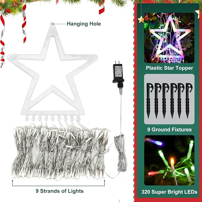 (New) Christmas Lights, Outdoor Christmas Decorations, 320 LED Waterfall String Lights, 8 Light Modes Chrsitmas Lights with 12" Star Tree Topper for Yard, Party, New Year (Multicolor)