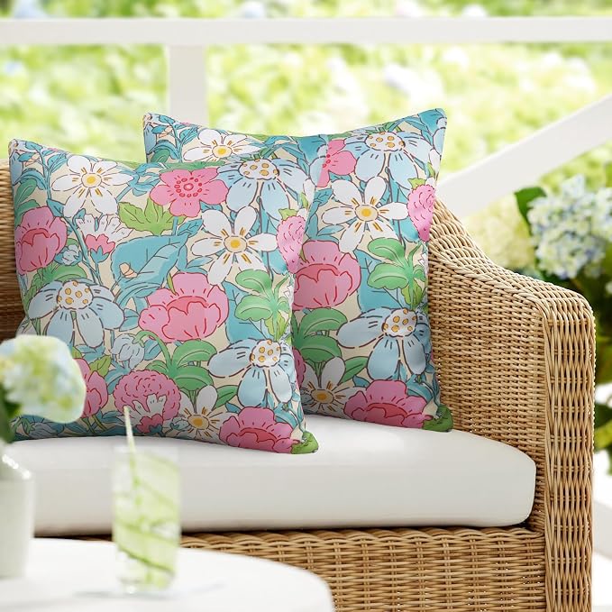 JASEN Outdoor Waterproof Throw Pillow Covers 18x18 Inch, Spring Floral Double Sided Decorative Square Covers for Patio Furniture Garden Square Couch & Sofa - Pack of 2 (Floral A)