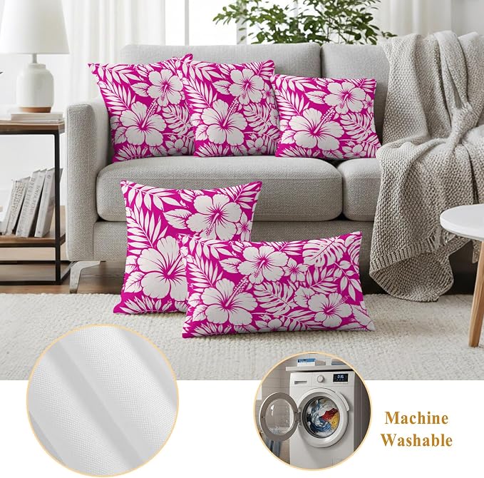 Pink Hibiscus Flowers Waterproof Outdoor Pillow Covers Set of 2 Home Decor, Tropical Monstera Leaves Lumbar Pillowcase Patio Pillow Covers for Couch Bench Patio Furniture Garden 20x20in