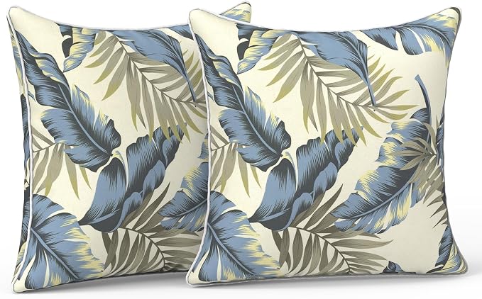 LVTXIII Outdoor/Indoor Throw Pillows, Decorative Patio Accent Pillows, Fluffy Water Repellent Garden Cushions for Home Patio Coach Sofa Use, 16×16 Inch, Pack of 2, ‌Lush Palm Blue