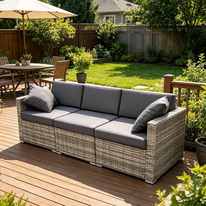 DECMICO 3 Piece Rattan Conversation Bistro Set, Outdoor Wicker Patio Furniture Set, All-Weather PE Rattan Chairs with Cushions for Backyard, Balcony, Garden, Charcoal Grey
