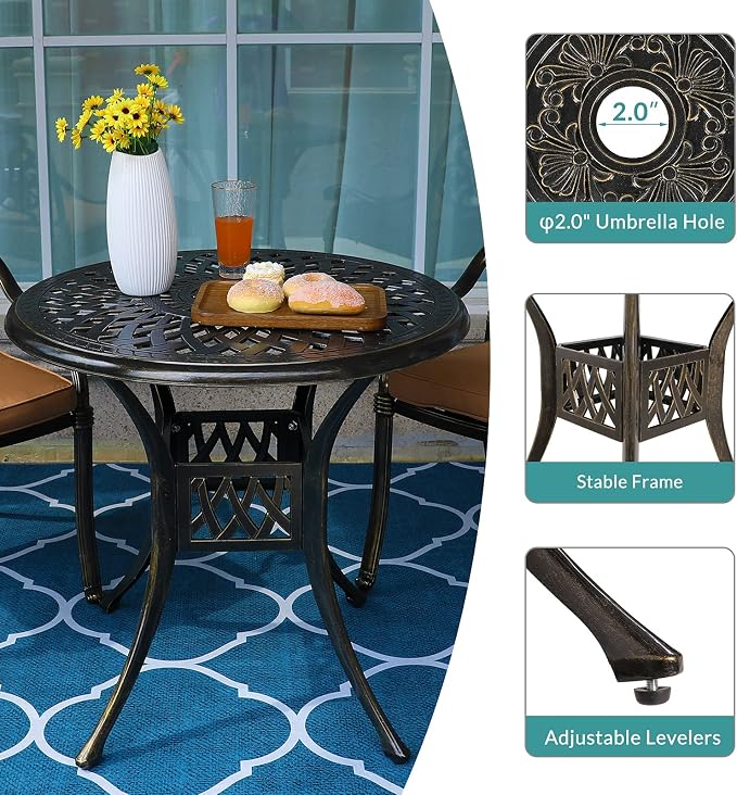 MEETWARM 31" Round Patio Bistro Table, Outdoor Cast Aluminum Small Dinning Table with 2" Umbrella Hole, Dark Bronze