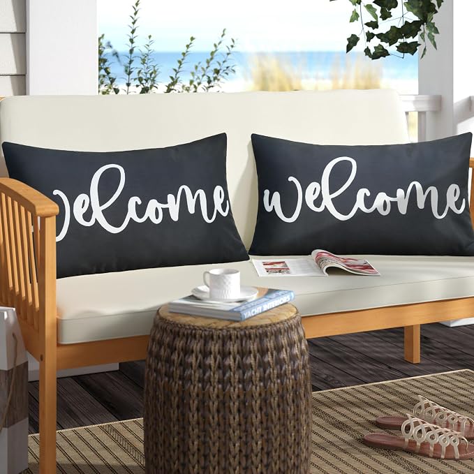Merrycolor 2 Pack Black & White Outdoor Waterproof Modern Rectangular Throw Pillow Covers, 20" x 12", Welcome Letter Print, Living Room, Outdoor Activities