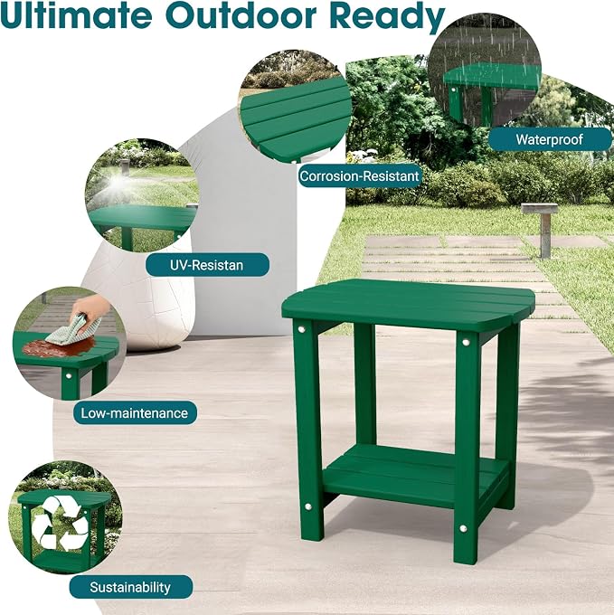 THOEOE Adirondack Outdoor Side Table, 2-Tier Sturdy Patio End Table Weather Resistant, Morden Side Table for Patio, Pool, Porch, Green