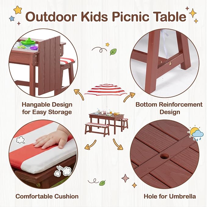 BRINJOY Kids Picnic Table with Umbrella, Outdoor Wooden Table & Bench Set w/Cushions & 2 Removable Boxes, 4-in-1 Children Sand and Water Table Activities Furniture for Patio, Garden, Indoor Outdoor