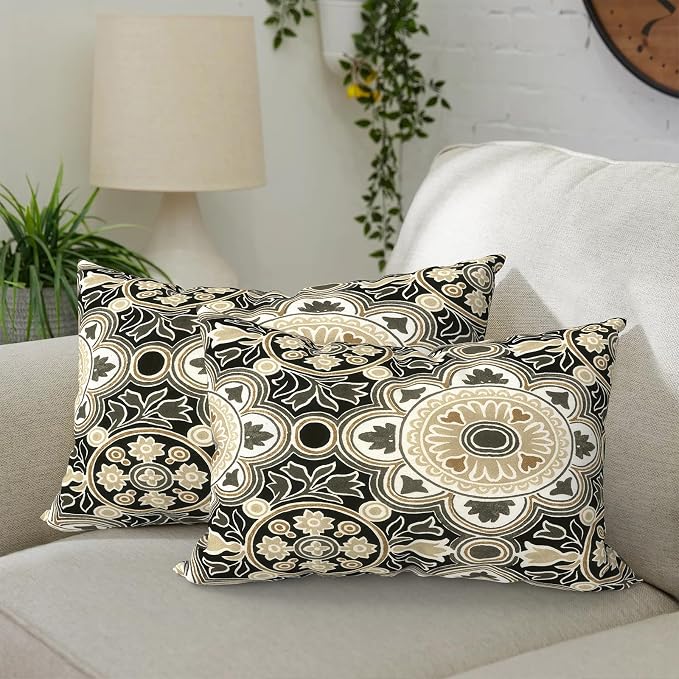 DYTXIII Pack of 2 Waterproof Outdoor Lumbar Pillow with Inserts, 12x20 in Rectangle Decorative Patio Throw Pillow for Home, Sofa,Bench and Patio Furniture, Vintage Medallion