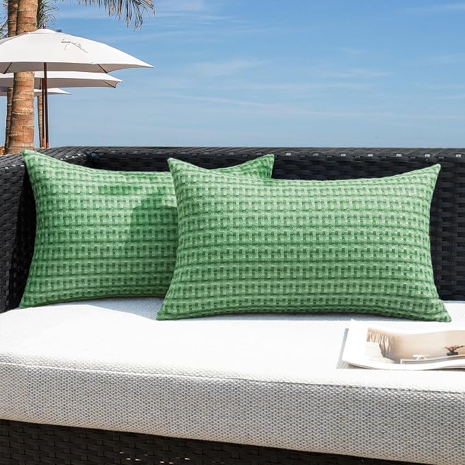 Kevin Textile Outdoor Waterproof 12"x24" Pillow Covers 2 Pack, Sage Green | Water Resistant Weaving Faux Linen Texture Throw Pillow Covers, Outside Decorative Pillowcases for Garden Patio Balcony Couch
