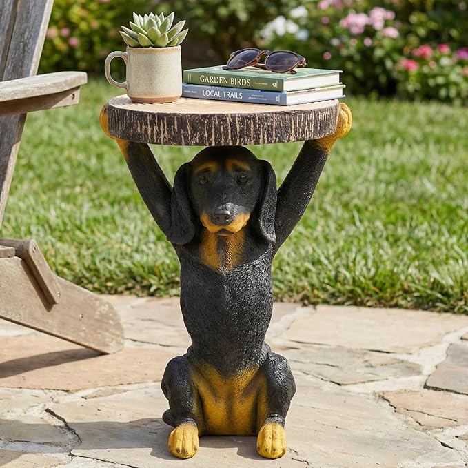 Playful Dog Side Table with Faux Wood, Dog Statue Small Patio Table for Indoor & Outdoor, Garden Sculptures and Decor, No Assembly, MGO