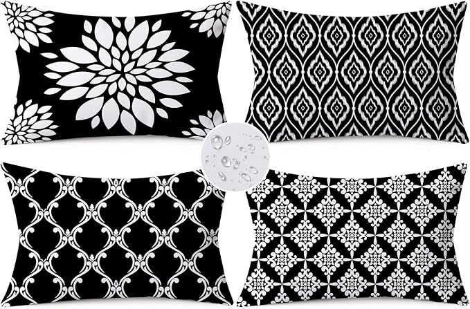 Outdoor Waterproof Throw Pillow Covers 12x20 Set of 4 Black and White Aesthetic Boho Decorative Cushion Cases for Patio Furniture Garden Porch Bench Couch Sunbrella