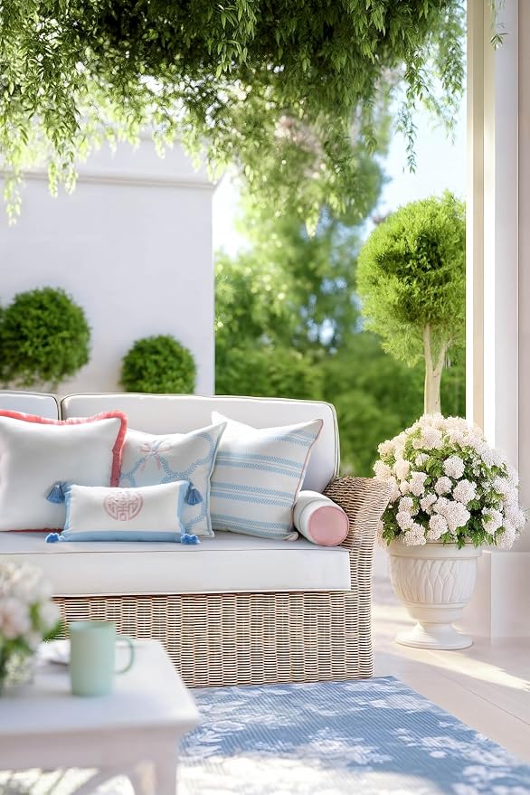 Hofdeco Premium Coastal Grandmillennial Patio Indoor Outdoor Throw Pillow Cover Only, 22"x22" Water Repellent for Backyard, Couch, Poolside, Baby Blue Pink Print Leaf Striped