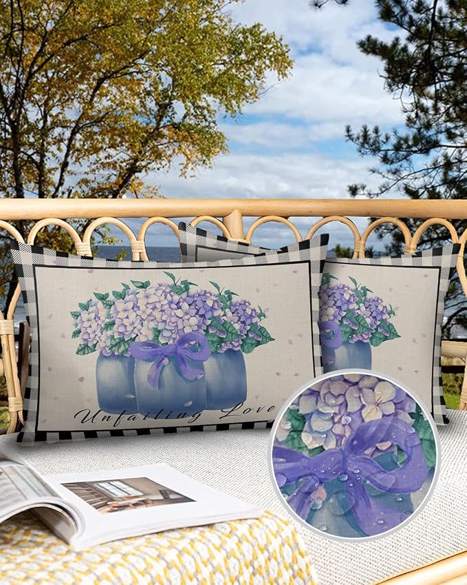 Hydrangea Outdoor Pillow Shams Set of 2, Decorative Pillowcases Cushion Case, Soft Throw Pillow Covers Waterproof Pillow Case 20x12 Inch, Purple Flowers in Jar Black Plaid Unfailing Love