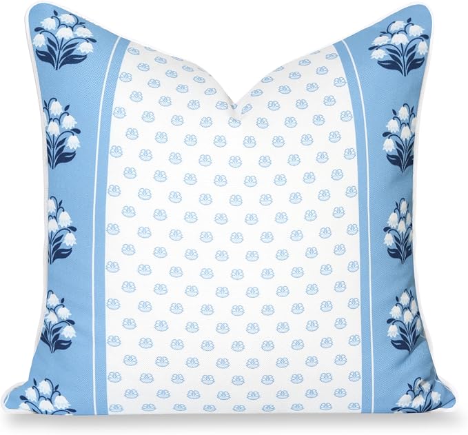 Hofdeco Premium Coastal Hampton Patio Indoor Outdoor Throw Pillow Cover Only, 20"x20" Water Repellent for Backyard, Couch, Poolside, Azure Blue Print Block Print Striped Lily of the Valley