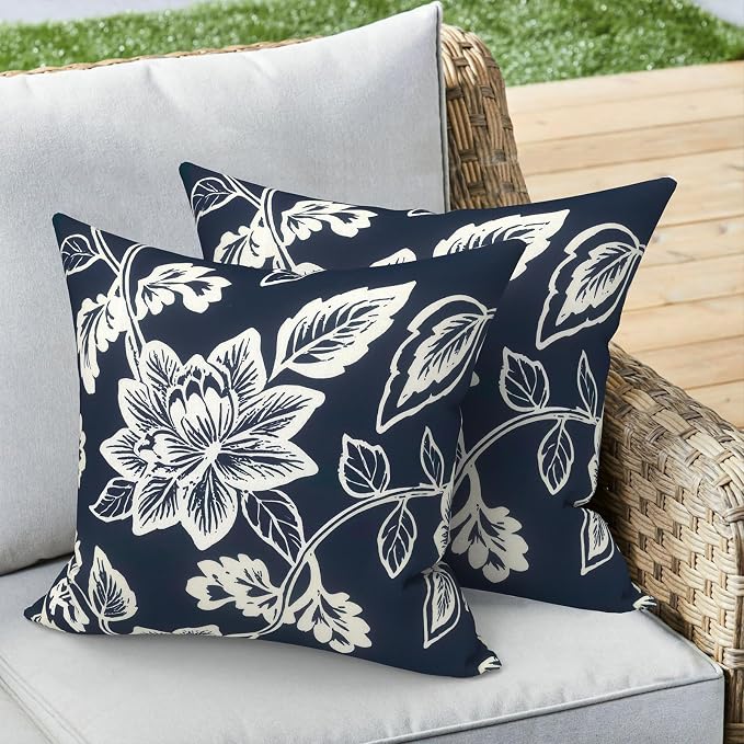 Outdoor 16x16 Inch Throw Pillow Covers Set of 2, Covers ONLY, All Weather Square Pillow Cases, Patio Cushion Pillow of Home Furniture Use, Elegant Vines Navy