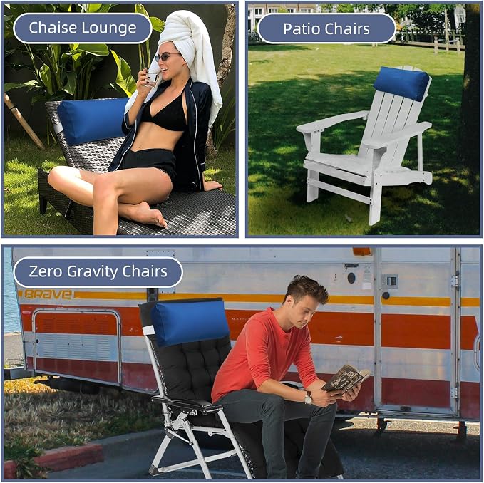 Chaise Lounge Head Pillow, 2 Pack Outdoor Patio Pillows with Adjustable Strap, Lounge Head Resting Pillow for Recliner Beach Pool Lounger Office Chair，Water Resistant Royal Blue