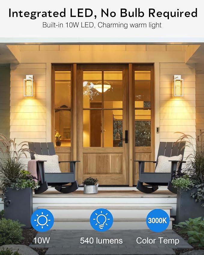 VIANIS White Exterior Lighting Fixtures for House, Large Dusk to Dawn Outdoor Wall Sconce Lantern for Porch, Outdoor Garage Lights Wall Mount with Integrated 10W LED Light Source Crystal Bubble Glass