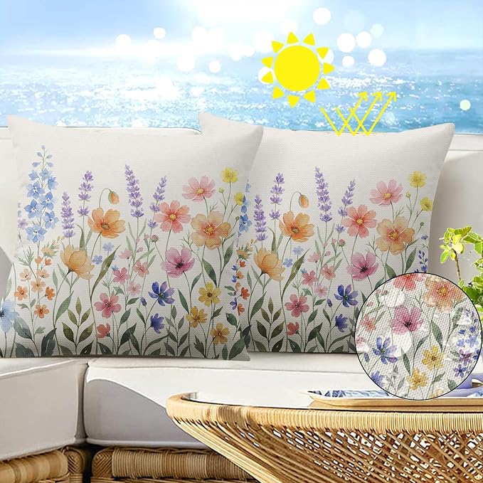 Waterproof Throw Pillow Covers, Flower, 18 x 18 Inch, Set of 2 | Wildflower outdoor farmhouse garden decorative pillowcase square cushion case for couch beach patio