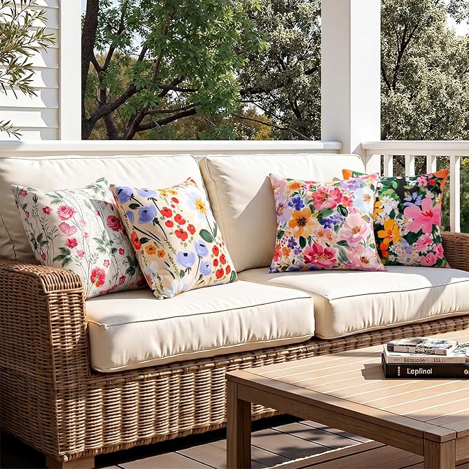 Merrycolor Waterproof Floral Pillow Covers 18x18 Inch Set of 2 Bright Pink and Orange Outdoor Decorative Cushion Cases for Patio Garden Beach Sofa Colorful Summer Accent Throw Pillows