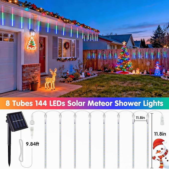 JMEXSUSS Multicolor Solar Meteor Shower Rain Lights, 8 Tube 144 LEDs | Solar Christmas Lights, Led Falling Rain Christmas Light for Xmas Tree Wedding Holiday Party Patio Decoration