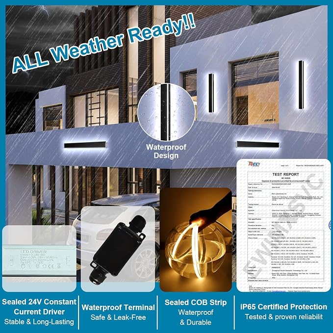 24inch Modern Outdoor Wall Light, 2700k-6500k Dimmable Outdoor Wall Sconce Black Exterior Lights Wall Mount with Remote Control, IP65 Waterproof Anti-Rust Linear Long Porch Lights Outside