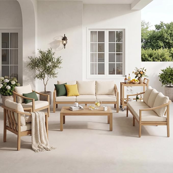 Merax 5 Piece All-Weather Acacia Wood Outdoor Conversation Set, 8-Seater | Patio 2 3-Seater Sofas, 2 Club Chairs with Coushions, 1 Coffee Table for Backyard, Deck, Poolside, Easy Assemble, Teak+ Beige