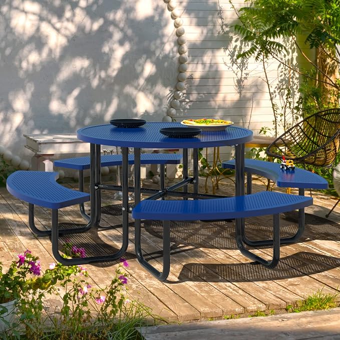 46 Inch Round Metal Picnic Table with 1.78" Umbrella Hole, All Weather Rust-Proof Metal Frame, Mesh Tabletop, Seats Up to 8 People, Easy Assembly for Patio, Backyard, Camping & BBQ, Blue