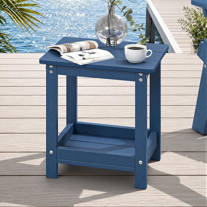 LUE BONA Outdoor Side Table, 2-Tier HDPE Small Outdoor End Table with Rail for Patio, Deck, Poolside, Low Maintenance & Weather Resistant, Prussian Blue