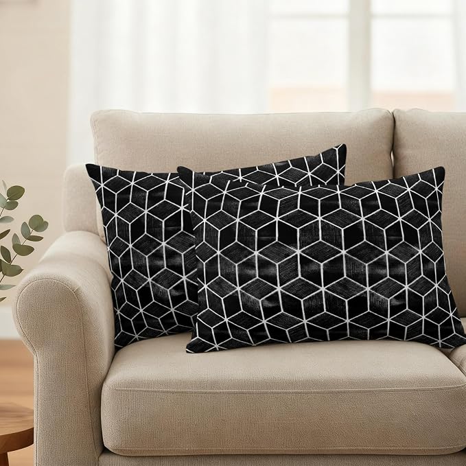 Black Honeycomb Tiling Waterproof Outdoor Pillow Covers Set of 2 Home Decor, Wooden Grain Blocks Lumbar Pillowcase Patio Pillow Covers for Couch Bench Patio Furniture Garden 20x12in