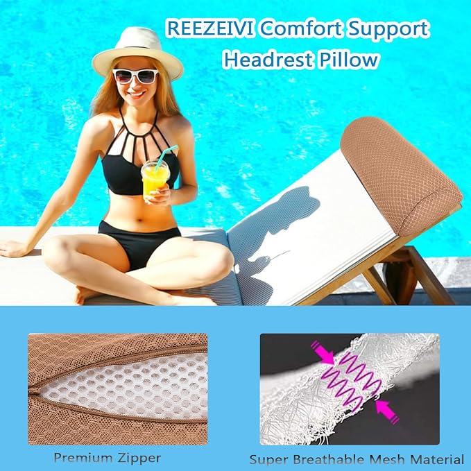 1 Pack Headrest Pillow for Patio Chaise Lounge,Recliner,Beach Chair,Brown | Resilient 3D mesh pillow with removable washable cover, adjustable elastic strap, ergonomic support, lightweight portable