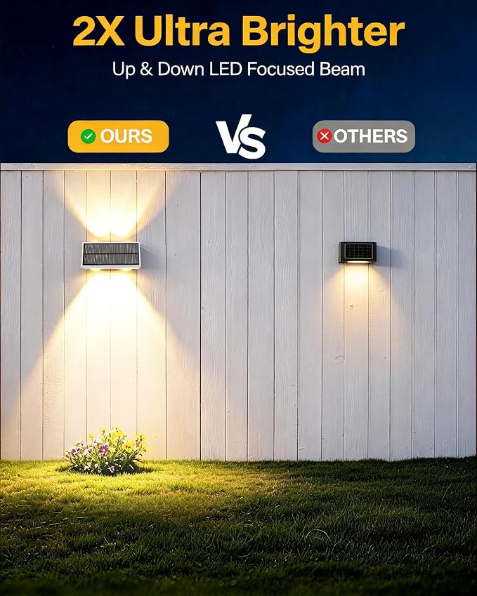 Solar Fence Lights Outdoor, 10 Pack Fence Solar Lights Waterproof | IP65 Fence Lights Solar Powered Up & Down LED Focus, 9 Color Modes, 12H Dusk to Dawn Glow for Pool/Patio/Backyard - White