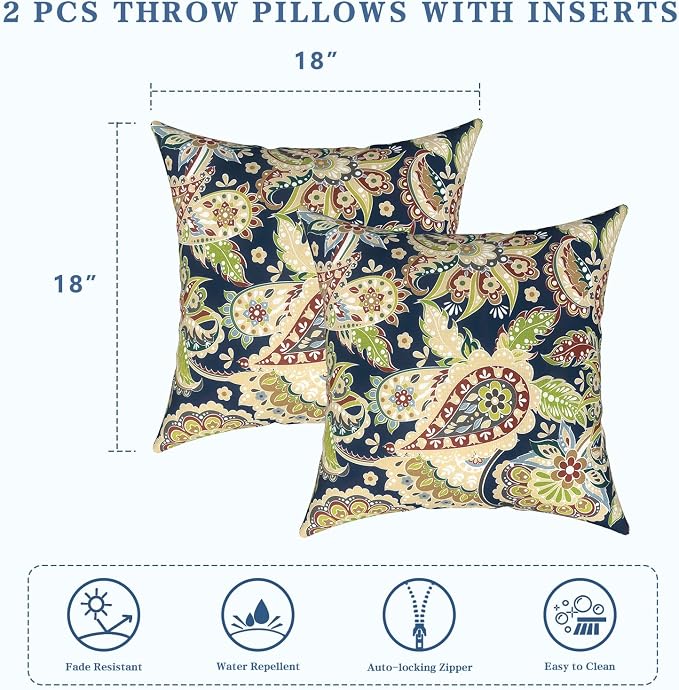 LVTXIII 2 Pack Outdoor Pillows 18x18 Inch, Square Throw Pillows with Inserts, Decorative Water-Repellent Pillow Cushions for Patio Furniture and Garden Sofa, Paisley Bloom