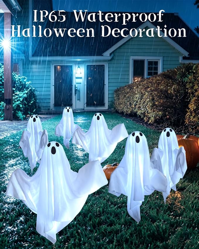 Halloween Decorations Solar Garden Lights Outdoor,6 PACKS Halloween Ghost with Arms Decorations Lights with Scary Party Gifts Decor,Solar Scary Ghost Path Lights for Halloween Party Decor Cold White