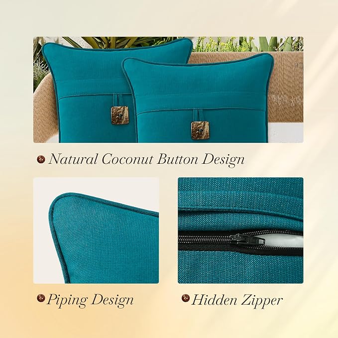 Outdoor Sunbrella Decorative Pillows with Coconut Button Pack of 4, 16" x 16" Outdoor Pillow Set for Couch Bed Throw Patio Sofa, Spectrum Peacock