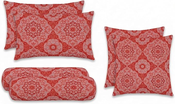 RSH DECOR: 6-Pack Pillow Set | Outdura Performance Fabric |Water & Fade-Resistant| 17" Square, 20"x12" Lumbar, 20"x6" Neck Roll | Outdoor Pillows for Patio Furniture | Made in USA (Ayorline Flamin)